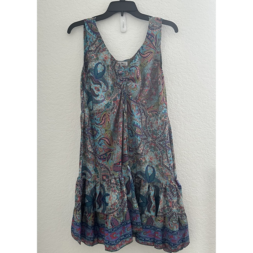 White Waves‎ Babydoll Mini Dress S? Turquoise Paisley Tiered Boho Resort Hawaii